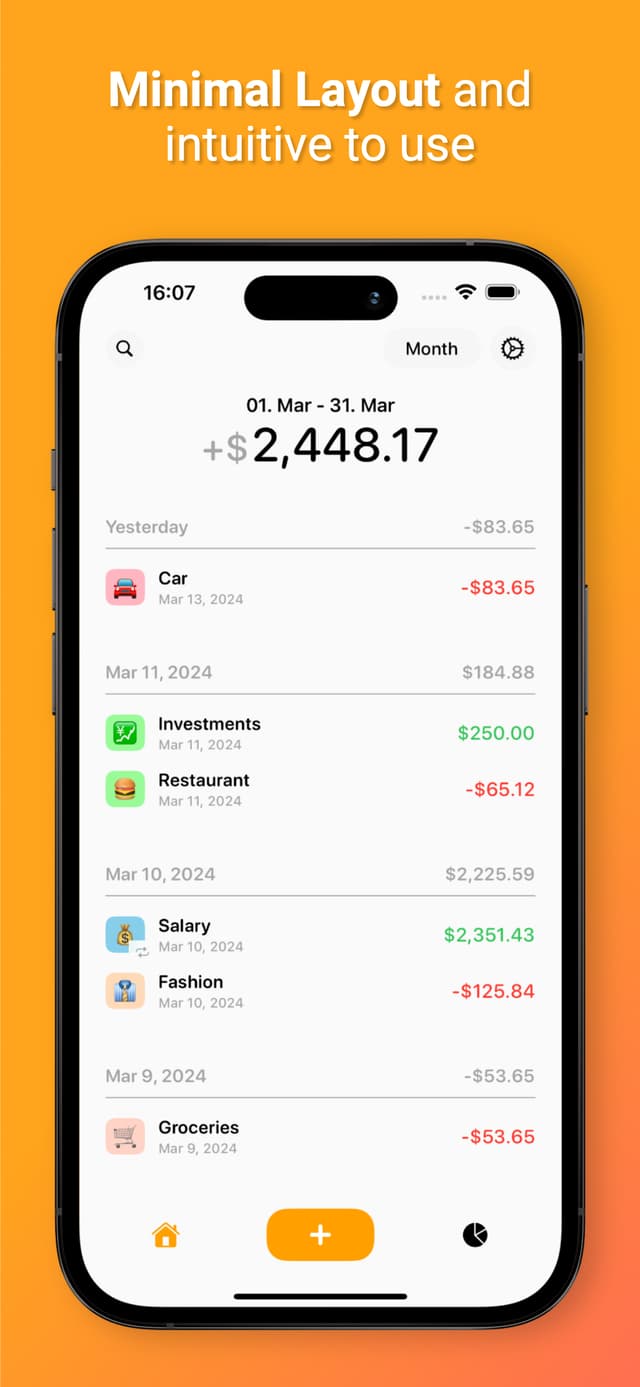 Minima Finance app showing daily expense tracking with tile-based grid chart visualization